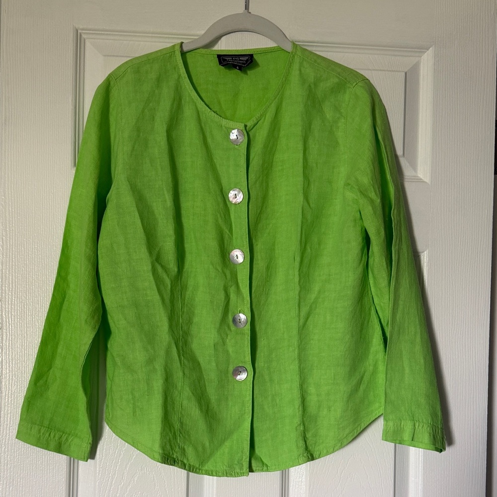 Vintage Bright Lime Green Linen Button-Front Top